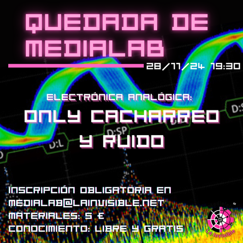 Un póster digital anuncia una "quedada" de Medialab el 28/11/24 a las 19:30. El tema es "Electrónica Analógica: Only cacharreo y ruido". Se muestra un gráfico de ondas sonoras coloridas como fondo.  La inscripción es obligatoria a través de un correo electrónico proporcionado. Los materiales cuestan 5€, pero el conocimiento es libre y gratuito.