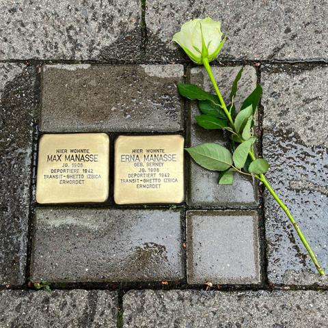 Die gleichen Stolpersteine wir im ersten Bild, aber nach der Putzaktion. Sie leuchten nun goldfarben.