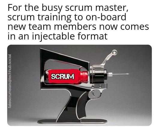 Picture of a device with a large injection needle with a trigger and a canister labeled "Scrum"

Caption: For the busy scrum master, scrum training to on-board new team members now comes in an injectable format