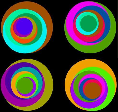 Compositiion of four colored circles cotaining smaller coloured circles a.s.o. The circles are not concentric but each one is tangent to the border of the particular bigger one.