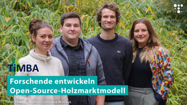 Das Bild zeigt vier Personen, die vor einem Hintergrund mit Bambuspflanzen stehen. Sie lächeln in die Kamera. Im Vordergrund steht ein Schriftzug: „TiMBA – Forschende entwickeln Open-Source-Holzmarktmodell“. Das Logo von TiMBA ist ein stilisierter Baum, der in den Schriftzug integriert ist. Rechts oben ist das Logo des Thünen-Instituts zu sehen. Unten wird die Fotografin mit „Foto: Thünen-Institut/Christina Waitkus“ angegeben.