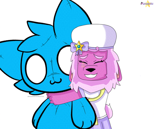 A drawing of a pink hybrid bunny/alpaca, wearing a white beret and a white/lilac sailor outfit, hugging a big blue cat plush.