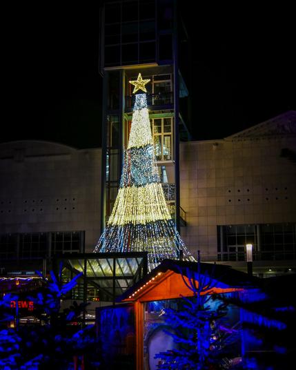 Blick auf den Märchenwald am Paradeplatz. Im Hintergrund zu sehen: der große, leuchtende Lichterbaum am Stadthaus N1.