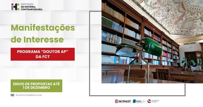 Imagem ilustrativa da chamada para candidaturas ao programa Doutor AP da Fundação para a Ciência e Tecnologia. O prazo de envio de propostas é 1 de Dezembro de 2024 e o email é ihc.concursos@fcsh.unl.pt. A imagem inclui uma fotografia da sala de leitura da Biblioteca do Colégio do Espírito Santo da Universidade de Évora.