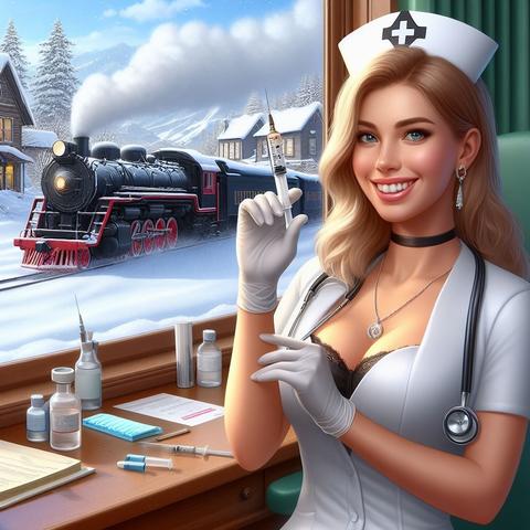 Eine Ärztin hält eine Spritze in der Hand. Eine Dampflok fährt durch den Schnee am Fenster der Praxis vorbei.