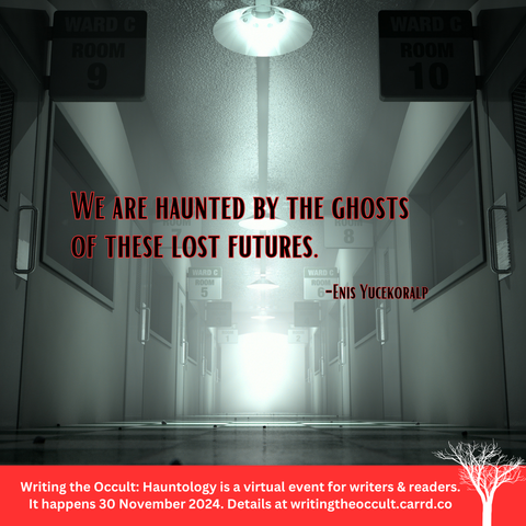 The image shows a darkened misty corridor of a hospital. It's taken from the floor and looks up and along towards a light at the end. On it is a quote from Enis Yucekoralp: "We are haunted by the ghosts of these lost futures."