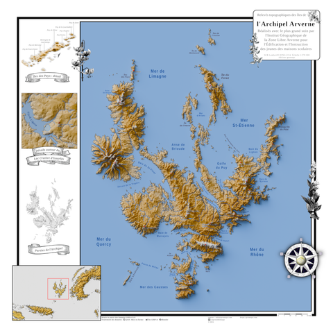 Carte du Massif Central, France, avec un niveau de la mer simulé 1000 mètres au-dessus du niveau actuel.