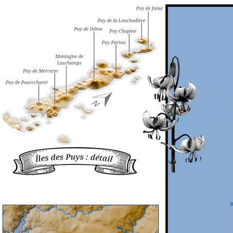Carte du Massif Central, France, avec un niveau de la mer simulé 1000 mètres au-dessus du niveau actuel. Détail