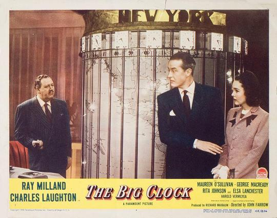 A half-sheet movie poster for THE BIG CLOCK (1948) featuring a color-tinted image of a confrontation between characters played ny Charles Laughton on one side, and Ray Milland and Maureen O'Sullivan on the other. The titular electronic Big Clock looms in the background.