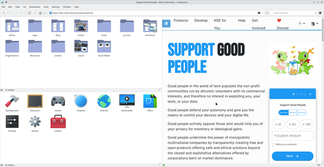 Screenshot of Konqueror showing a split window with 3 panes: top left is a local folder, bottom left app categories, right shows a web site.