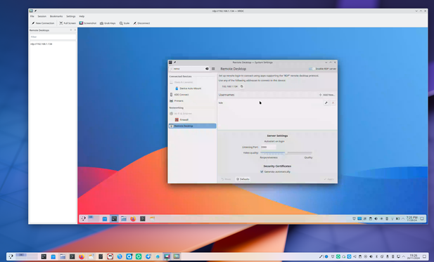 A screenshot of a Plasma desktop with a KRDC  window showing a remote desktop.