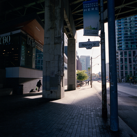 A view from a street corner that lies mostly under the Gardiner Expressway. The street sign is in the foreground while the decaying columns supporting the highway sprout from the brink sidewalk in the mid-ground. The sun blasts the street in the distance.
