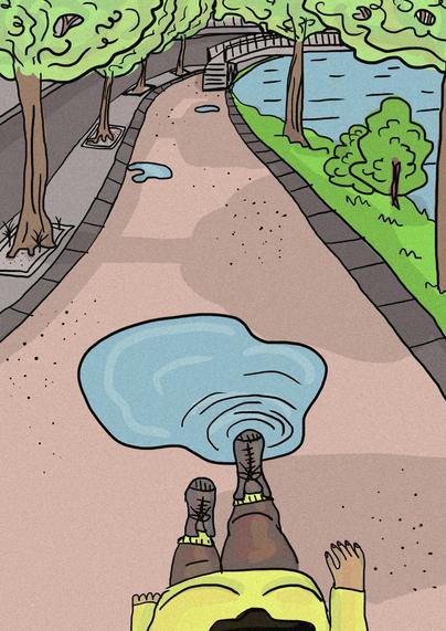 Dessin d'un pov d'une personne qui marche le long d'un canal d'eau. Elle a le pied dans une flaque et porte un pull jaune.