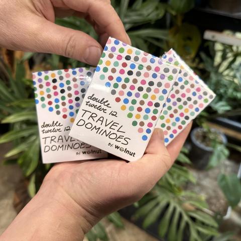A person's hands holding up three decks of domino playing cards in front of a backdrop of green monstera plant leaves