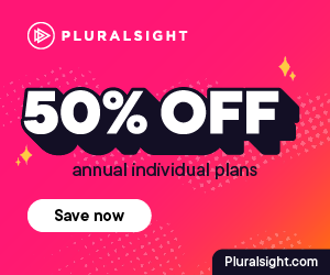 Square image showing the Pluralsight logo and the text “50% off annual individual plans” with a “Save now” button.