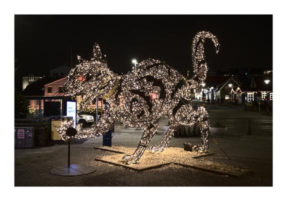 A large illuminated sculpture of a cat, made from string lights, stands prominently in a public square at night. The sculpture features glowing red eyes and detailed lighting that outlines the cat's body, creating a striking appearance against the dark surroundings. In the background, there are small buildings, streetlights, and festive decorations.