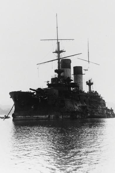 The Japanese pre-dreadnought battleship Iwami. Originally the Imperial Russian Navy ship Orel. Captured after the Battle of Tsushima and recommissioned into the Imperial Japanese Navy. Shown here just after her capture