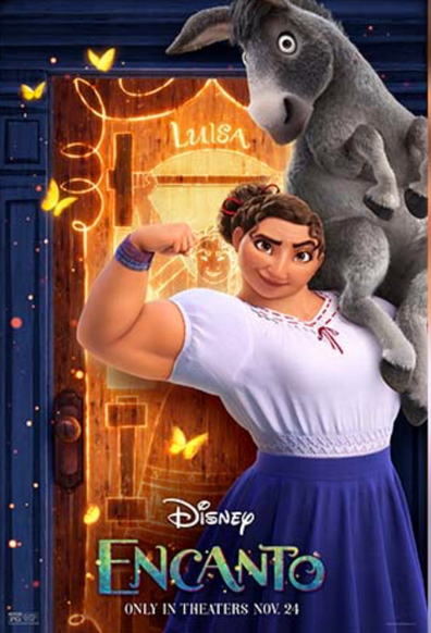 A still from Encanto showing the character Luisa holding a donkey. This is the same pose that Ilona was doing.