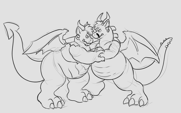 Two big belly dragons stand there claw to claw in a contest of strength, each trying to push the other and gain the advantage as they wrestle.