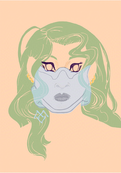 Modified profile pic for MxVerda: still wavy green hair on pink background. Now with clear half-mask from under eyes around chin, with tubes under the ears to the PAPR machine behind the neck. Also gorgeous brown lipstick, faint small nose, alien purple square unfilled eyes, and sketchy gold earrings, three small per ear.