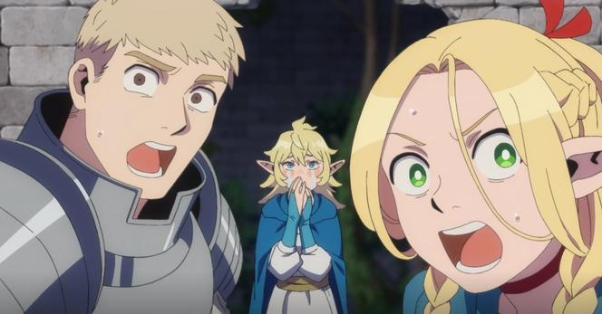 Un guerrier en armure et une elfe sont au premier plan, hébété·es et choqué·es, une elfe en tenue de mage est en arrière plan entre elleux deux et porte ses mains devant sa bouche en pleurant
Capture de l'anime Gloutons & Dragons