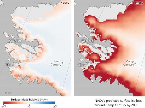 maps - NASA's predicted surface ice loss around Camp Century by 2090