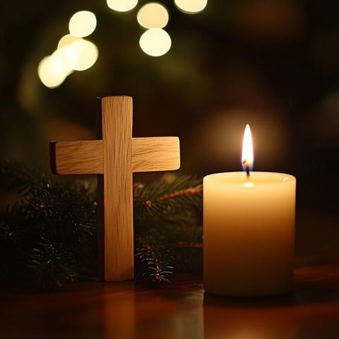 Das Bild zeigt eine brennende Kerze mit einem Holzkreuz. Das Holzkreuz steht neben der Kerze vor einem grünen Tannenzweig. Im Hintergrund erkennt man Lichter.