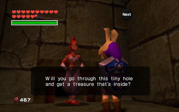 Young Link talking to a Gerudo named Nabooru in the Spirit Temple. She's asking Link, "will you go through this tiny hole and get a treasure that's inside?".