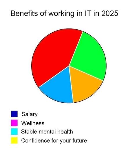 A pie chart showing the Benefits of working in IT in 2025 with a key of labelled colours, with the following headings, none of which appear in the actual pie chart:
Salary
Wellness
Stable mental health
Confidence for your future