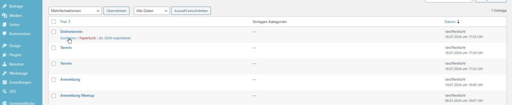 Liste mit Pattern und einigen Optionen