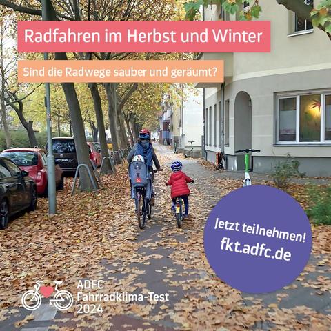Zwei Radfahrer*innen fahren auf einem von Herbstlaub bedeckten Radweg entlang einer Baumallee in einem Wohngebiet. Eine Person fährt mit einem Kindersitz auf dem Gepäckträger, das andere ist ein Kind auf einem kleinen Fahrrad.