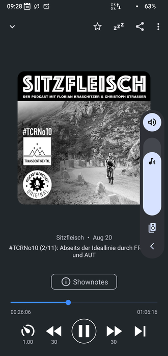 Screenshot Antennapod Podcatcher. "Sitzfleisch" wird abgespielt.