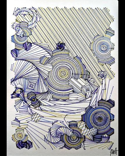 A deeply intricate pen plotter piece inspired by wave function collapse. Its dynamic, sweeping lines and swirling intersections echo the chaos of a mind struggling in the storm. The layers of lines symbolize descent, revealing the intricate, uncontrollable patterns of thought, emotion, and the universe. The artwork's abstract nature allows the viewer to feel the intensity of forces beyond control, blending physical and mental states into one visual narrative.