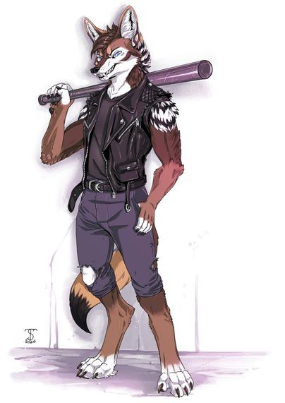 Carabine Coyote in a ripped leather jacket and baseball bat commission done in digital