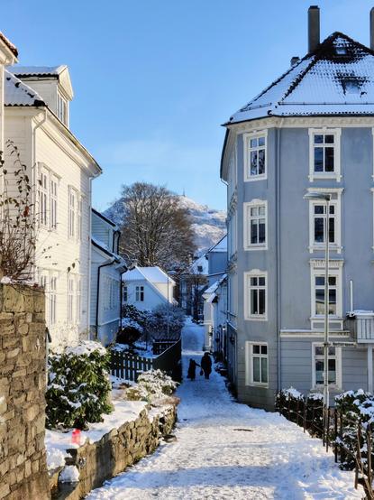 A photograph of a narrow alley with some snow. Two children carrying sleds approaching in the alley. A snow covered Mount Ulriken in the background.