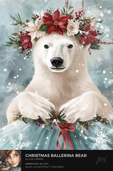 An art print of a polar bear dressed in a light blue tutu with a red bow and draped with holly and berries. A floral crown of red and white poinsettias, berries and foliage sits on top of the bears head. Art by Lisa S Baker.