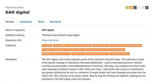 Screenshot des Eintrags von SAH digital in re3data.org.  Der Eintrag ist unter folgender DOI erreichbar: http://doi.org/10.17616/R31NJNMO.