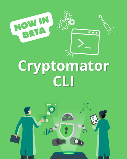 Illustration promoting the new Cryptomator CLI Beta release. The image features a "Now in Beta" label, icons representing command line and automation, and two researchers interacting with a holographic lock symbol. The main title reads "Cryptomator CLI."