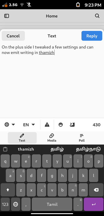 Screenshot of me drafting this post on mobile. The keyboard is regular QWERTY, but the word suggestions are in Tamil with the current suggestion showing "Thamizh" (the Tamil spelling of Tamil) in the corresponding script