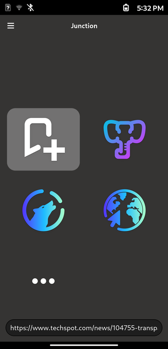 Screenshot of Junction with customised icons from EliverLara's Candy icon theme, again for bookmark, Tuba (actually PostgreSQL), LibreWolf, and Epiphany