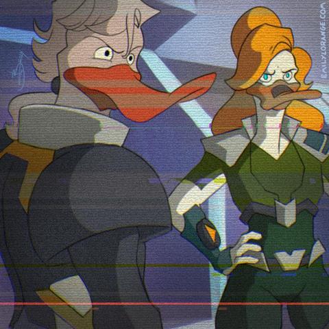 a digital drawing of two anthropomorphic ducks. the image has been put through several filters to resemble a screengrab of an aged VHS tape of an animated TV show. there is heavy static, blurring that resembled standard def television, and saturation errors. the two characters are drawn from about the waist up, both glaring at something offscreen to the viewer's right.