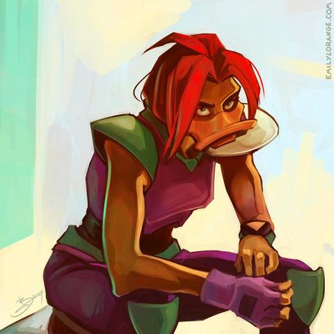 a digital painting of an anthropomorphic duck. she is sitting, shown from about the knees up, hunched over with arms resting on her legs. she is heavily backlit, making the background vague and bright, while she is sitting mostly in shadow, in purple and green body armor. her red hair is messy around her face, and she appears to be scowling deeply.