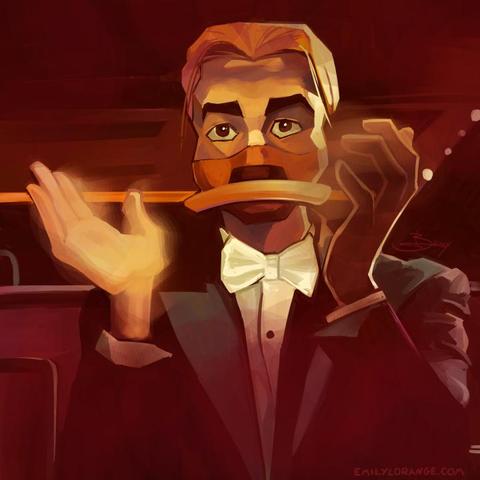 a digital painting of an anthropomorphic duck. this appears to be a parody of the meme of shia labeouf sitting alone in a theater, clapping. the image is rendered in warm, reddish tones. his hands are blurry, caught in the action of applause. he is painted from about the elbows up, wearing a black tux and a white tie.