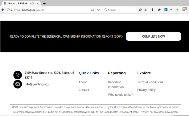 BOIR form from scam website points to address that is a warehouse in Boise, ID