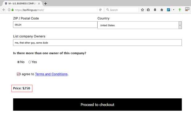 BOIR form asks for $250 to file something that is otherwise free to file, and does no validation on any of the form input