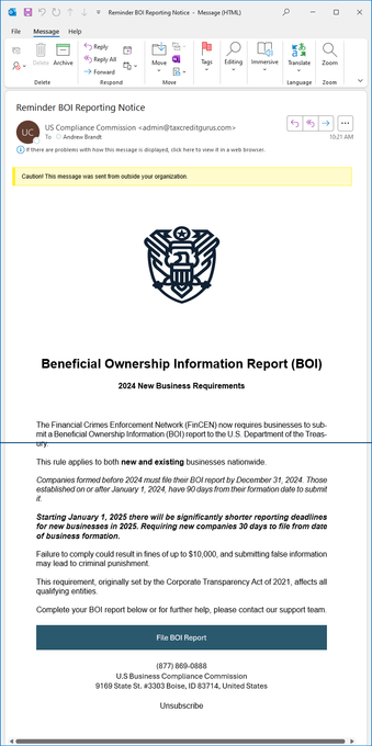 Email from "US Business Compliance Commission" with official looking government-esque logo. It's all bullshit, all the way down.