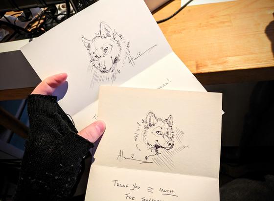 Photo of a hand holding up the interiors of two cards, each containing a quick ballpoint pen sketch of a wolf's face.