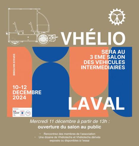 Affiche sur fond marron avec des fivures abstraites couleur saumon et bleu. En haut on voit un vhéliotech (vélo cargo à 3 roues avec toit photovoltaïque) vu de côté en fil de fer blanc, à côté duquel est écrit "VHÉLIO" avec le logo. Au milieu on peut lire "sera au 3ème salon des véhicules intermédiaires", puis dessous "10-12 décembre 2024" et enfin en gros "LAVAL". Tout en bas il est écrit "Mercredi 11 décembre à partir de 13h : ouverture du salon au public", puis dessous "rencontrez des membres de l'association, une dizaine de vhéliotechs et vhéliotechs dérivés exposés ou disponibles à l'essai"