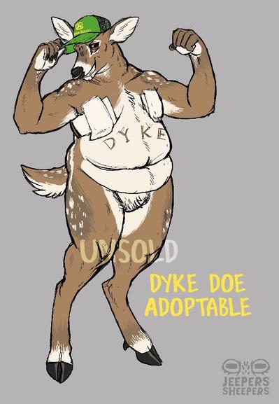 A fat spotted deer tips its hat and flexes its other arm. It has various piercings and a rocker tattoo above its two tiered apron belly that reads DYKE. It is also wearing a hat spoofing john deer that reads john queere.