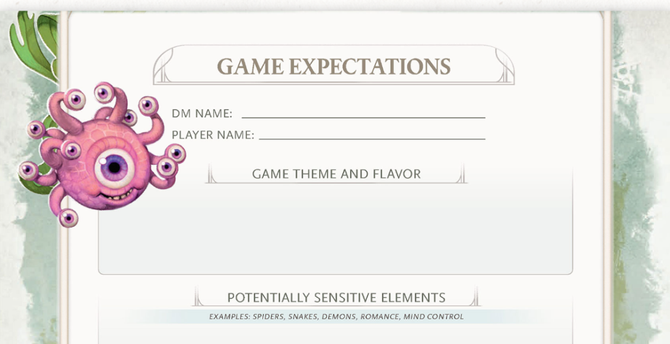 The Game Expectations tracking sheet features space for the DM's name, player names, theme, flavor, sensitive elements and more